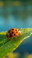 Orange ladybug with black spots resting on green leaf with water droplets in natural garden setting with soft bokeh background for nature photography.