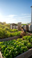 Young woman tending to fresh lettuce in raised garden beds at sustainable urban farm during golden hour sunset with wooden compost bins and water tanks.