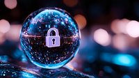 Glowing padlock icon inside crystal sphere with digital network pattern, symbolizing cybersecurity and data protection on dark background with bokeh lights.