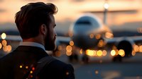 Young caucasian businessman in suit looking at commercial airplane on airport runway during golden sunset with bokeh lights creating atmospheric mood.