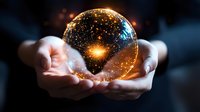 Glowing crystal ball with universe reflection held in gentle hands against dark background, magical golden light and bokeh effects create mystical atmosphere.