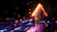 Glowing digital arrow pointing upward made of orange light particles on circuit board background with bokeh effects representing growth and technology advancement.
