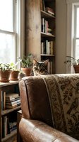 Tabby cat perched on vintage leather armchair in cozy living room with potted plants, books, and shelving. Interior design, home decor.