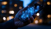 Glowing blue holographic buildings emerging from smartphone screen at night with bokeh lights background, representing smart city technology and digital transformation.