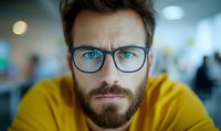 Confident professional wearing glasses and yellow sweater gazes intently at camera in modern office setting with soft bokeh background lighting.
