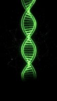 Glowing green DNA double helix structure on black background with sparkling particles for genetics research and biotechnology concepts.