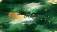 Abstract emerald green and gold watercolor background with splatter texture and brush strokes creates atmospheric cosmic effect on dark backdrop.