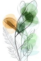 Minimalist botanical line art with transparent green and yellow watercolor shapes. Abstract floral composition featuring delicate leaves and organic forms on white background.
