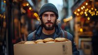 Young bearded Caucasian male delivery worker carrying box of fresh bread at night, wearing winter hat and backpack against blurred city lights and storefronts.