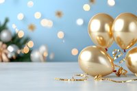 Golden balloons and festive decorations against soft blue background with bokeh lights create elegant holiday atmosphere for celebration and party design.