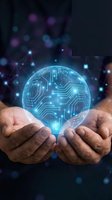 Hands holding glowing digital sphere with circuit board patterns and blue light effects, representing technology, innovation, artificial intelligence, and digital transformation for business concepts.
