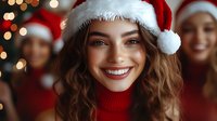 Young woman wearing Santa hat smiling at Christmas party with warm bokeh lights and festive red sweater creating joyful holiday atmosphere.
