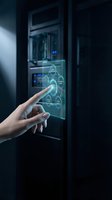 Hand touching futuristic holographic interface panel with glowing digital controls in modern smart home automation system for IoT technology applications.