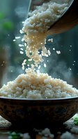 Cooked white rice grains falling from wooden spoon into ceramic bowl with steam rising, healthy grain food preparation for cooking and nutrition concepts.