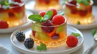 Elegant fruit jelly dessert layered with fresh raspberries, blackberries and mint leaves served in crystal glasses on white plates, selective focus on foreground.