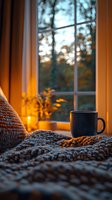 Cozy evening atmosphere with coffee mug on knitted blanket by window, warm candlelight glow illuminating autumn sunset view, creating peaceful home ambiance.