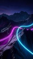 Futuristic mountain landscape with neon glowing lines flowing through rocky peaks, digital grid overlay, and vibrant cyan and magenta light trails creating a surreal sci-fi environment.