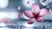 Pink cherry blossom petal with water drops in soft focus macro shot against blurred background, floating petals and bokeh lights create dreamy spring atmosphere.