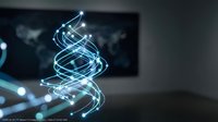 Glowing blue spiral light trail with energy particles floating in modern dark interior space for technology and innovation concepts.