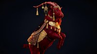 Ornate red and gold medieval knight armor with decorative engravings and tassels displayed on dark background for historical and fantasy design projects.