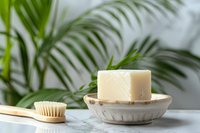 Natural handmade soap bar on ceramic dish with wooden brush in spa bathroom setting. Organic skincare and wellness concept with tropical plants.