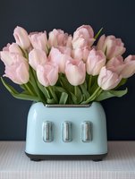 Fresh pink tulips arranged in vintage mint green toaster vase on white surface against dark background for spring home decor and floral design concepts.