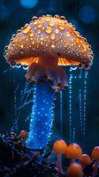 Glowing orange mushroom with water drops against dark blue background, magical forest atmosphere with dewdrops creating strings of natural pearls in moonlight.