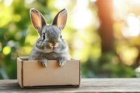 Adorable gray bunny rabbit sitting in cardboard box outdoors with natural bokeh background, looking directly at camera with alert expression and perked ears.