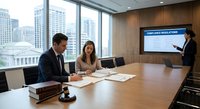 Professional business meeting in modern conference room with city skyline view. Corporate team discussing compliance regulations presentation.
