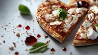 Heart shaped pizza with mozzarella, tomato sauce and fresh basil leaves on rustic wooden background. Red drops of oil create romantic mood for Valentine's day dinner.