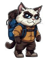 Grumpy cat character wearing hiking outfit and backpack, standing upright in cartoon style on isolated background. Ready for outdoor adventure designs.