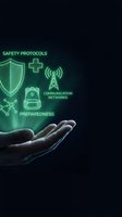Open hand displaying glowing neon green icons representing safety protocols, medical cross, communication networks, and preparedness concepts against dark background for emergency management.