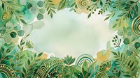 Decorative botanical frame with green foliage, ornamental leaves and golden accents surrounding white center space, suitable for invitations, greeting cards and design backgrounds.