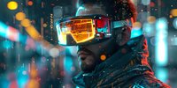 Futuristic portrait of young African American man wearing virtual reality headset with neon reflections against urban night cityscape with bokeh lights and cyberpunk atmosphere.