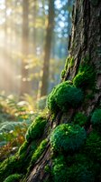 Moss covered tree trunk in sunlit forest with golden light rays filtering through trees creating peaceful natural woodland atmosphere.