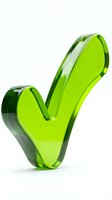 Green glass checkmark symbol isolated on white background for approval, success and confirmation concepts in business presentations.