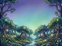 Enchanted forest landscape with ancient trees, glowing foliage, and serene stream flowing through magical woodland scenery, suitable for fantasy art, gaming backgrounds, and mystical themed designs.