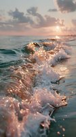 Ocean waves crashing on shore during golden hour sunset with sparkling water droplets and warm pink sky creating peaceful seascape for relaxation content.