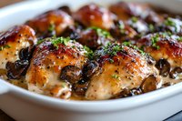 Juicy chicken thighs glazed with honey garlic sauce, topped with fresh herbs and mushrooms in white ceramic baking dish, close up view of homemade dinner meal.