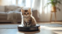 Adorable fluffy kitten sitting on robotic vacuum cleaner in bright modern living room with sofa and plants creating cute domestic scene for pet care content.