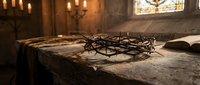 Crown of thorns resting on wooden table in candlelit chapel with stained glass window, religious symbolism for Easter and Christian faith.