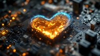 Glowing heart shape on computer circuit board with orange light effects and bokeh, macro photography showing technology and love concept. Digital romance background.