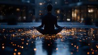 Silhouette of person meditating surrounded by glowing bokeh lights reflecting on wet surface at night, creating magical atmospheric scene for wellness concepts.