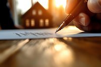 Signing document with pen at sunset, house silhouette in background. Golden hour light creates warm atmosphere for real estate and legal agreement concepts.