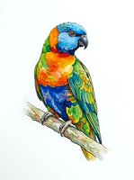 Colorful rainbow lorikeet perched on branch, isolated on white background. Hand-drawn watercolor illustration of tropical parrot with vibrant plumage for design, print, and educational use.