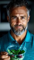 Mature Caucasian man with gray hair and beard holding fresh organic smoothie bowl with berries and spinach leaves, wearing turquoise polo shirt, healthy lifestyle concept.
