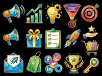 Watercolor marketing icon set isolated on transparent background, featuring megaphone, rocket, trophy, target, and more. Great for clipart, stickers, t-shirt design, print on demand.