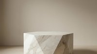 Marble podium with geometric faceted design on neutral background for product display and luxury branding.