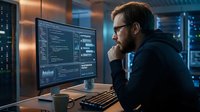 Focused software developer programming at computer workstation in modern tech office environment with multiple monitors displaying code.