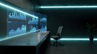 Trader monitoring financial markets on multiple glowing screens in modern dark office workspace with neon lighting and contemporary furniture setup.